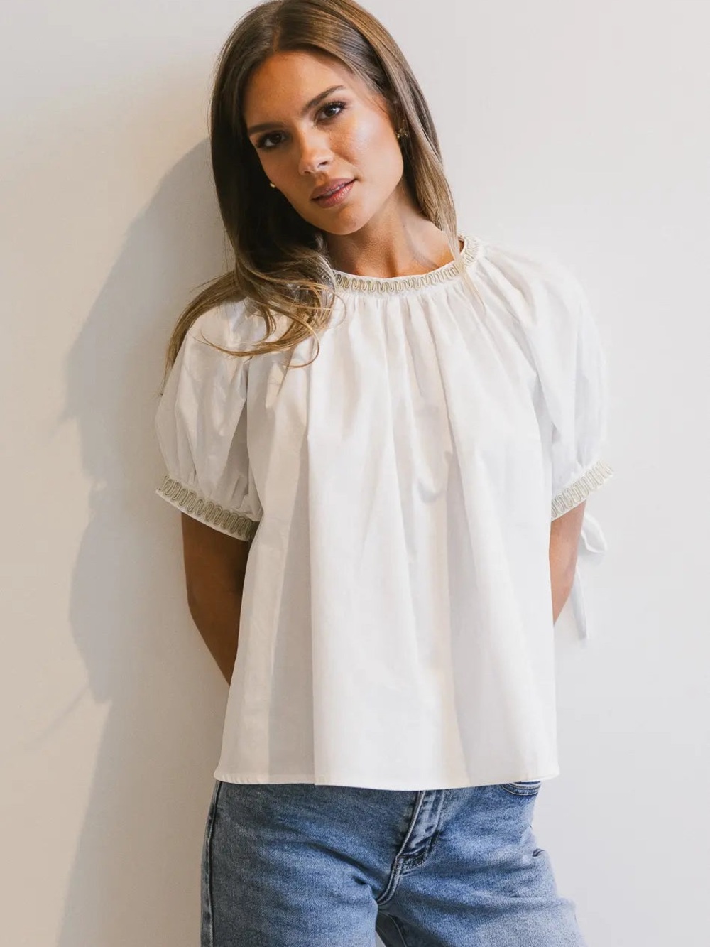 bohme White Smocked-Neck Puff Sleeve Top